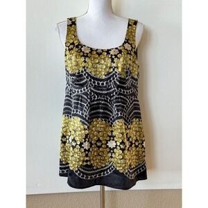 CAbi Sz Medium Top Sleeveless Tank Shirt Scoop Neck Silk Black Gold Chain